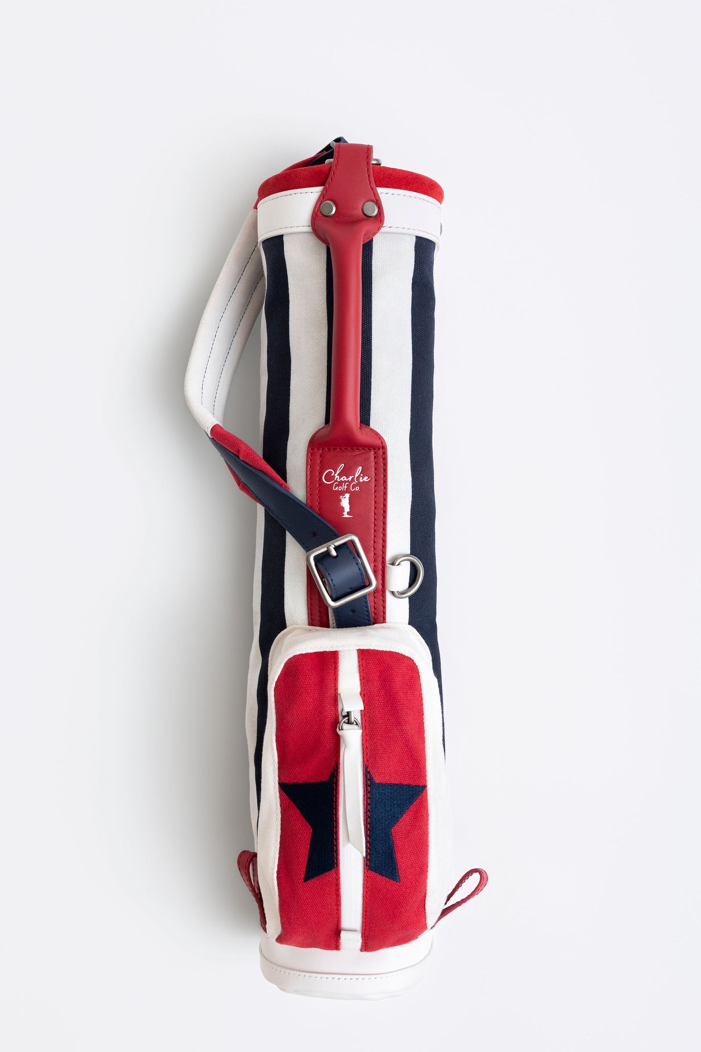 red white and blue toddler golf bag with blue and white stripes