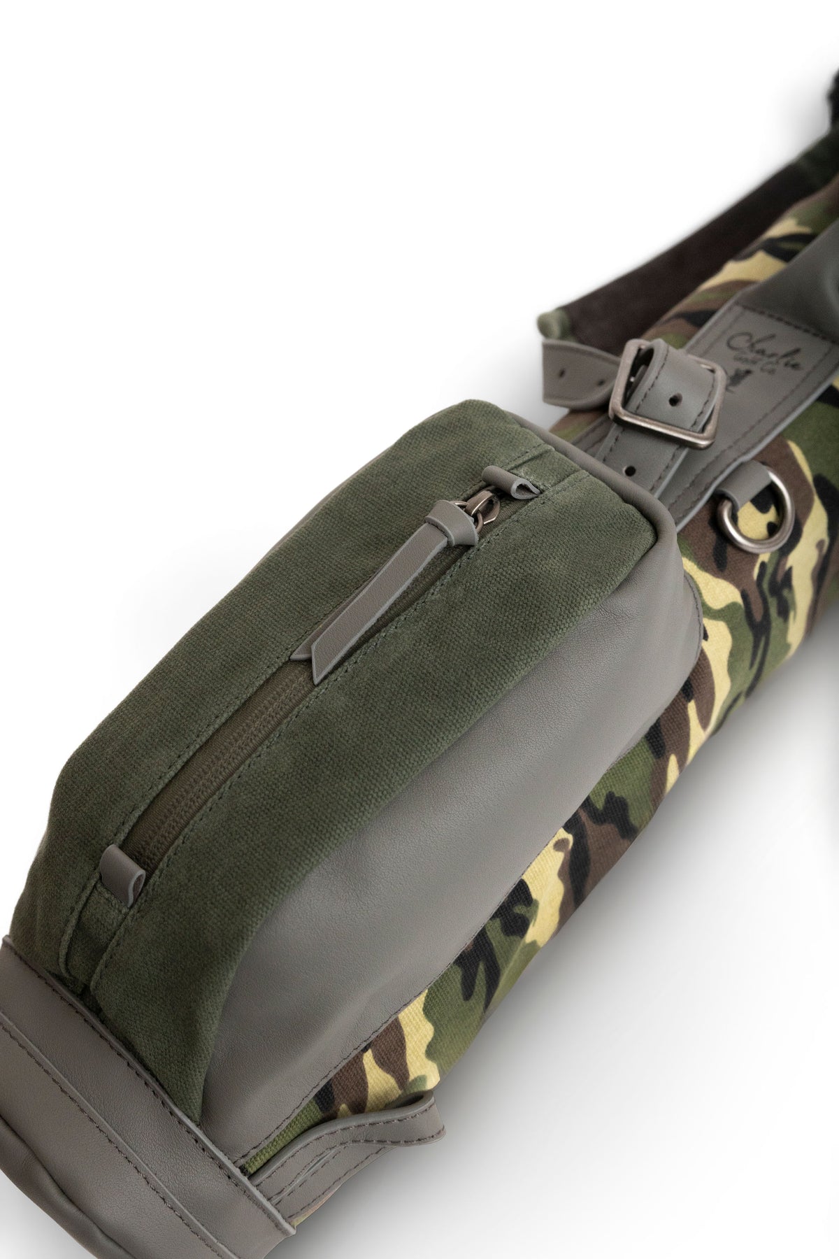 canvas and leather pocket of kids camo golf bag