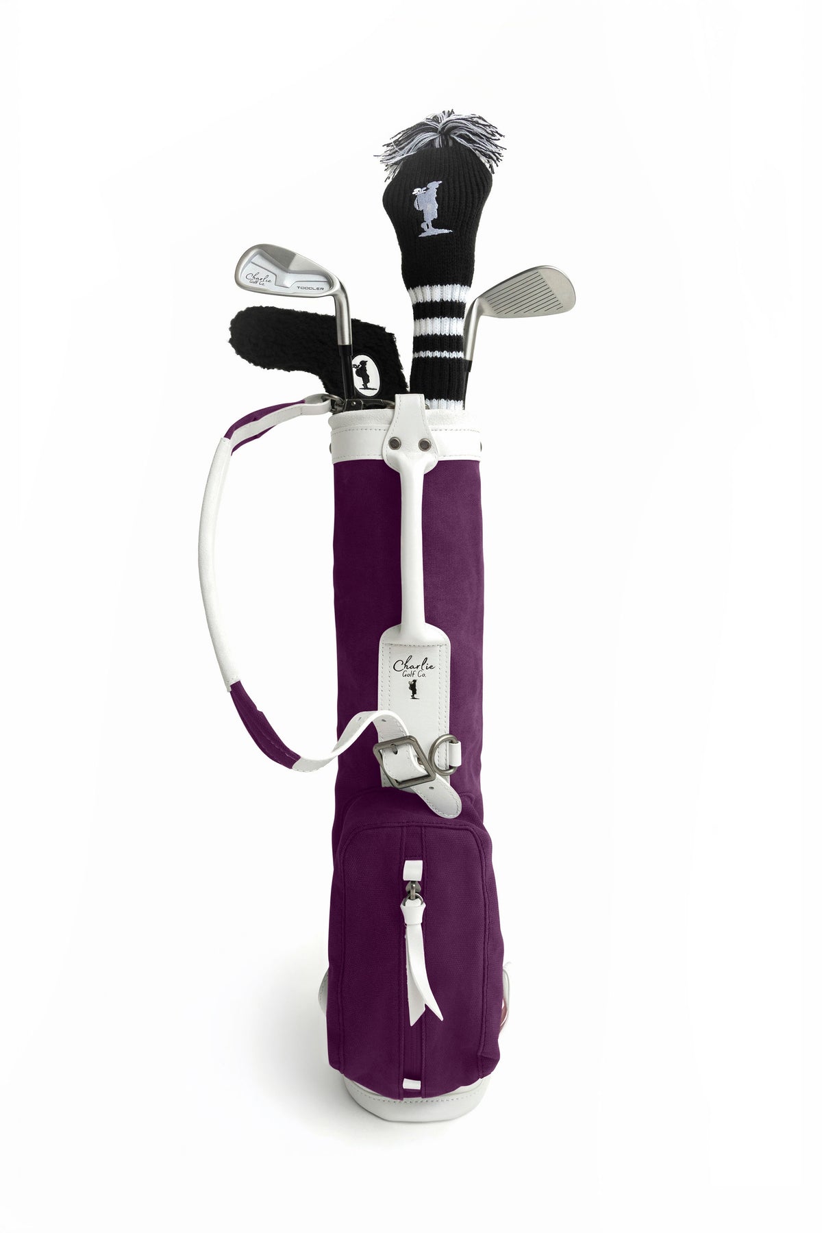 purple kids golf bag with kids golf clubs