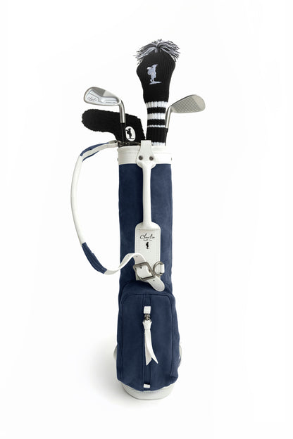 navy blue toddler golf bag with kids golf clubs