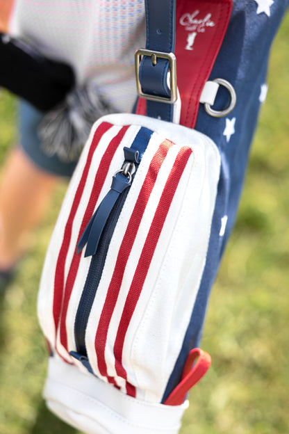 red white and blue kids golf bag pocket