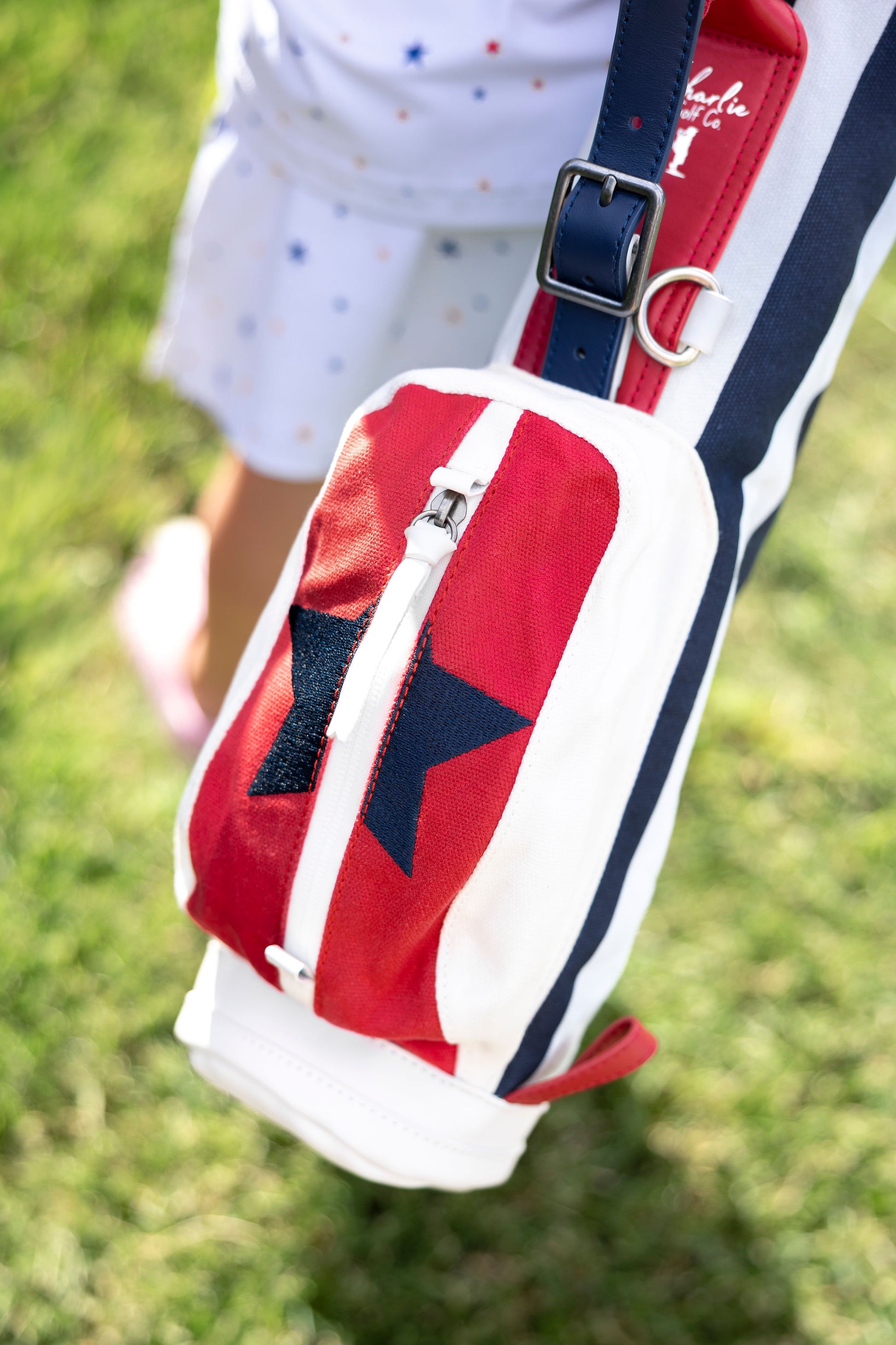 star red white and blue kid golf bag