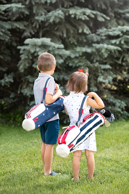 kids golf clubs with kid golf bag red white and blue