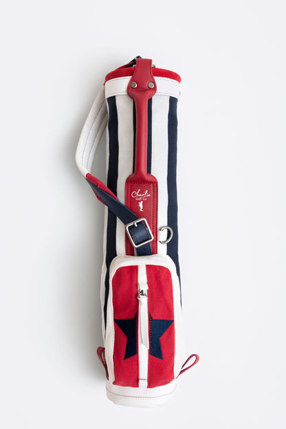 red white and blue toddler golf bag with blue and white stripes