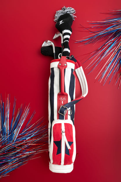 striped red white blue toddler golf bag with kids golf clubs