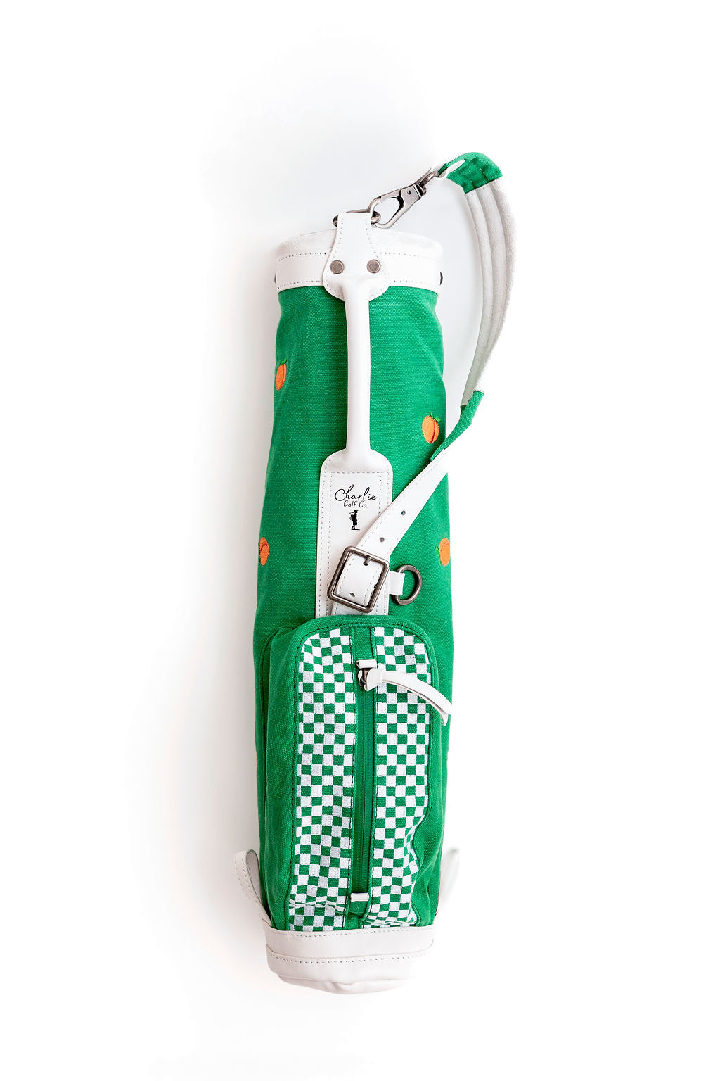 junior golf bag with green and white checkerboard pattern and peaches