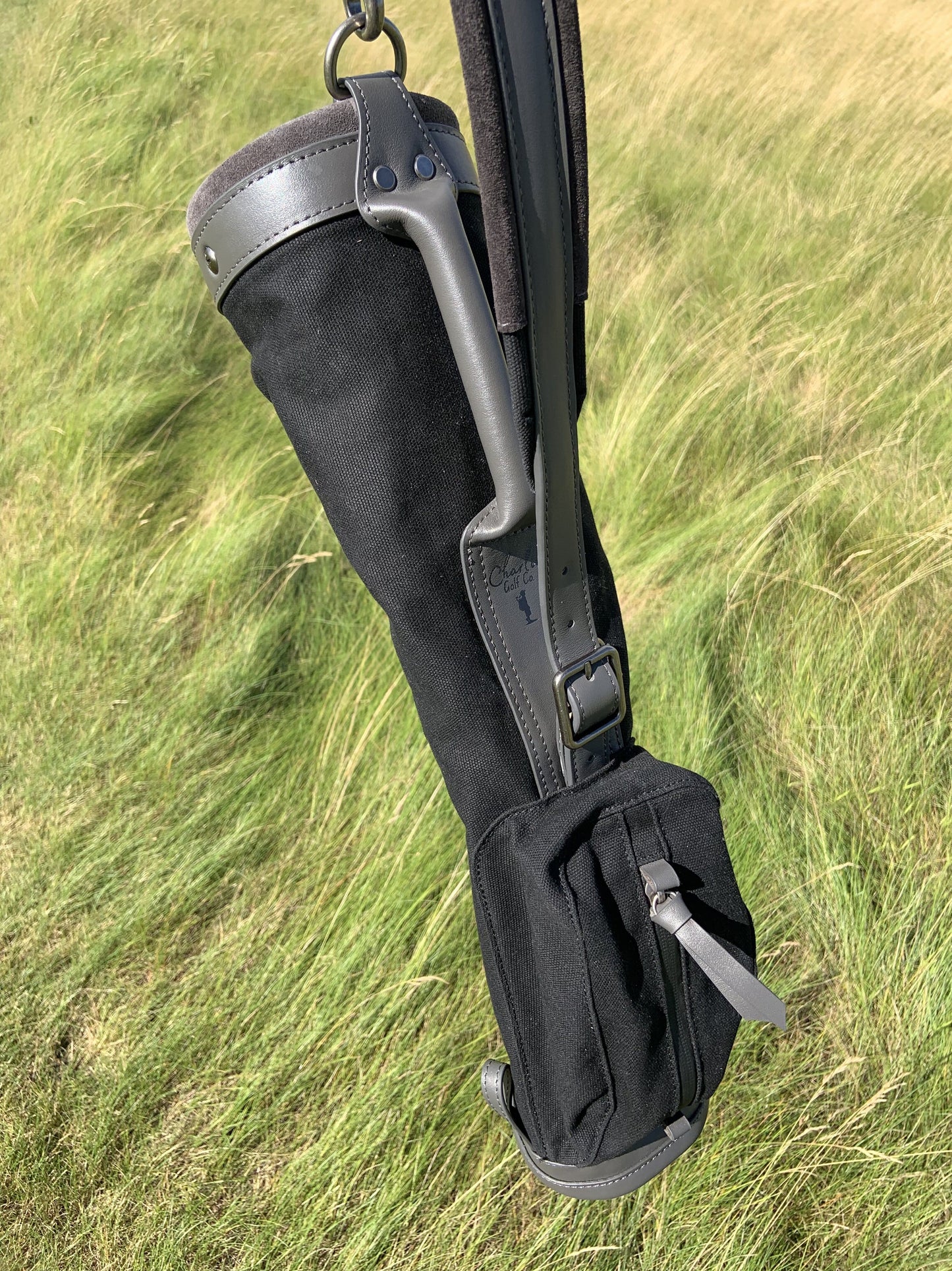 black toddler golf bag with grey leather accents