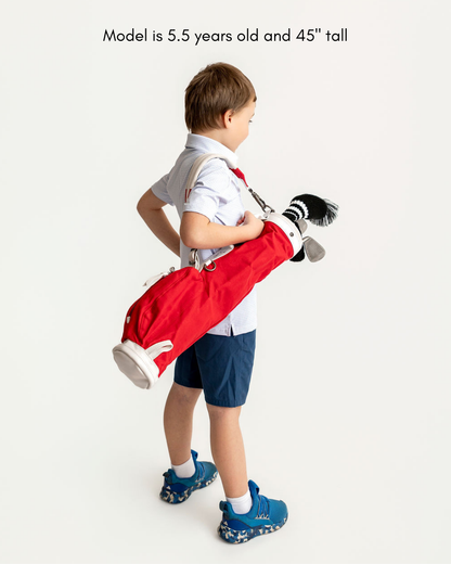 red kids golf bag with golf clubs for kids